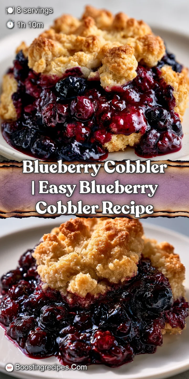 Close-up of gooey, bursting purple blueberries beneath a crisp, buttery golden topping with a dusting of sugar.
