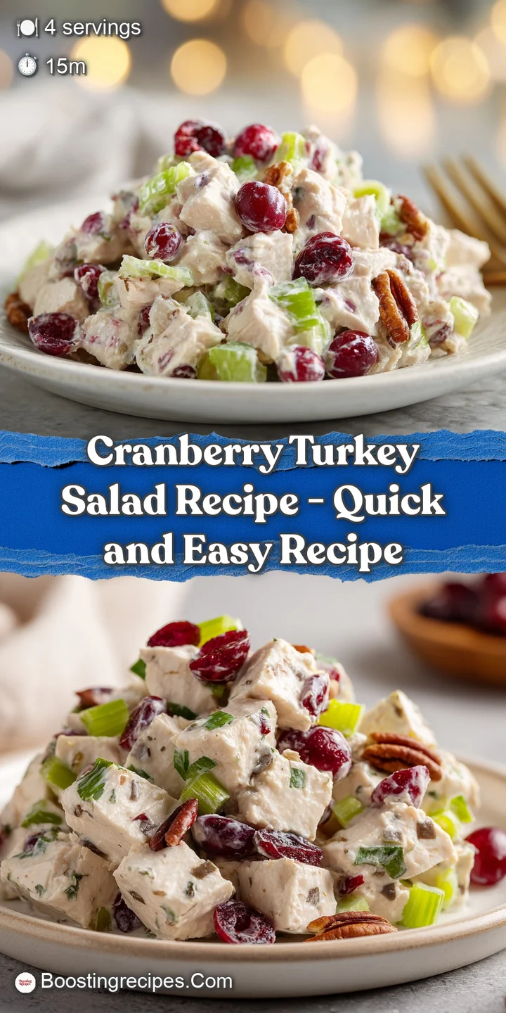 Extreme close-up of creamy turkey salad showing juicy meat and tart red cranberries coated in a glossy dressing.