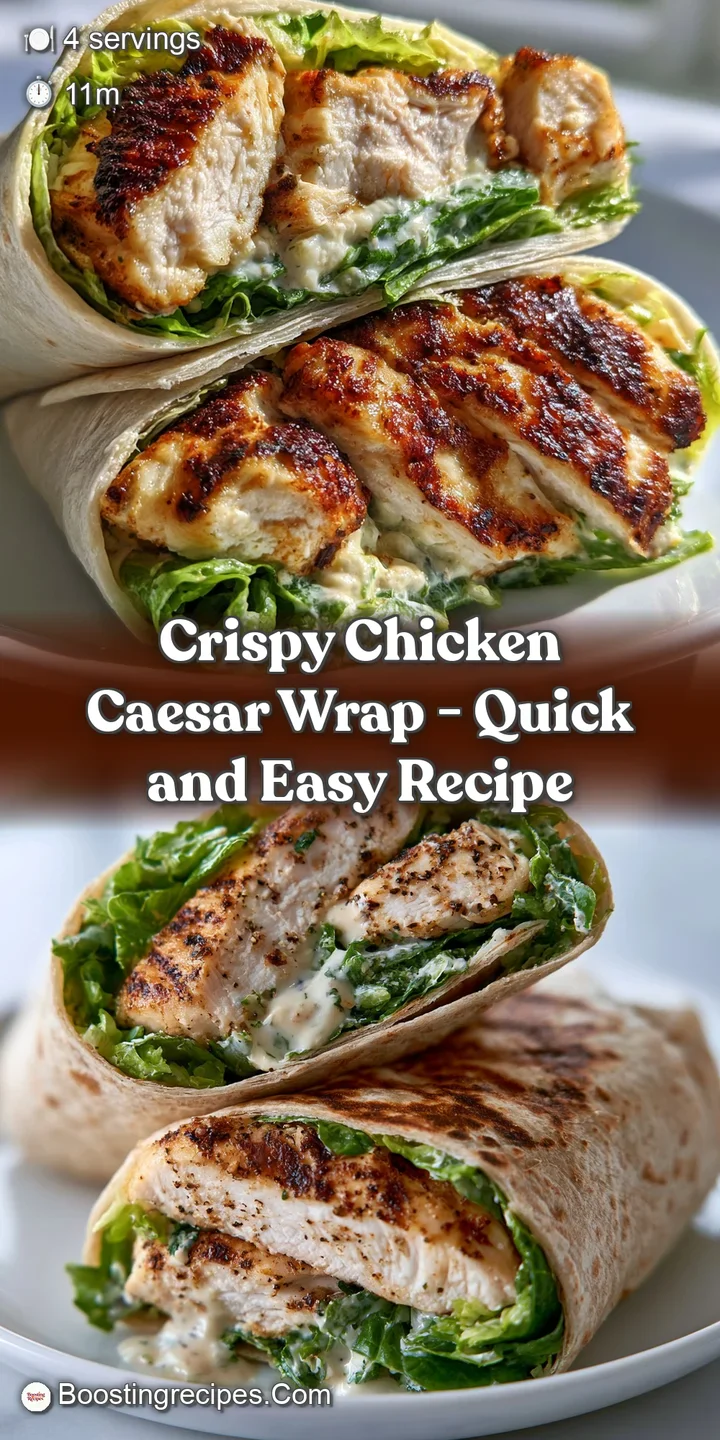 Macro shot of tender grilled chicken and vibrant green romaine coated in creamy Caesar dressing in a warm tortilla.