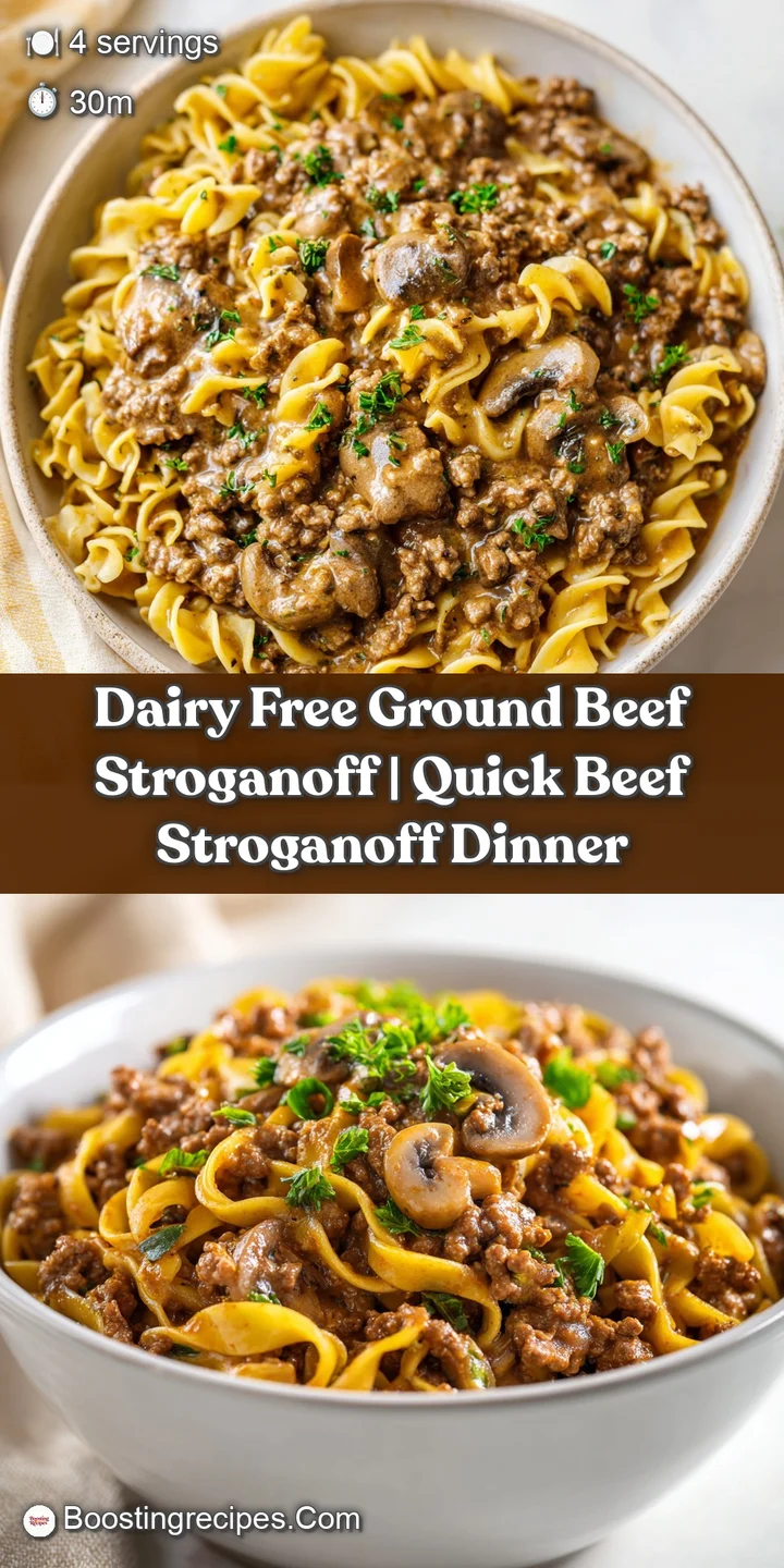 Close-up of tender ground beef and saut&eacute;ed mushrooms in a velvety, savory sauce over golden noodles.