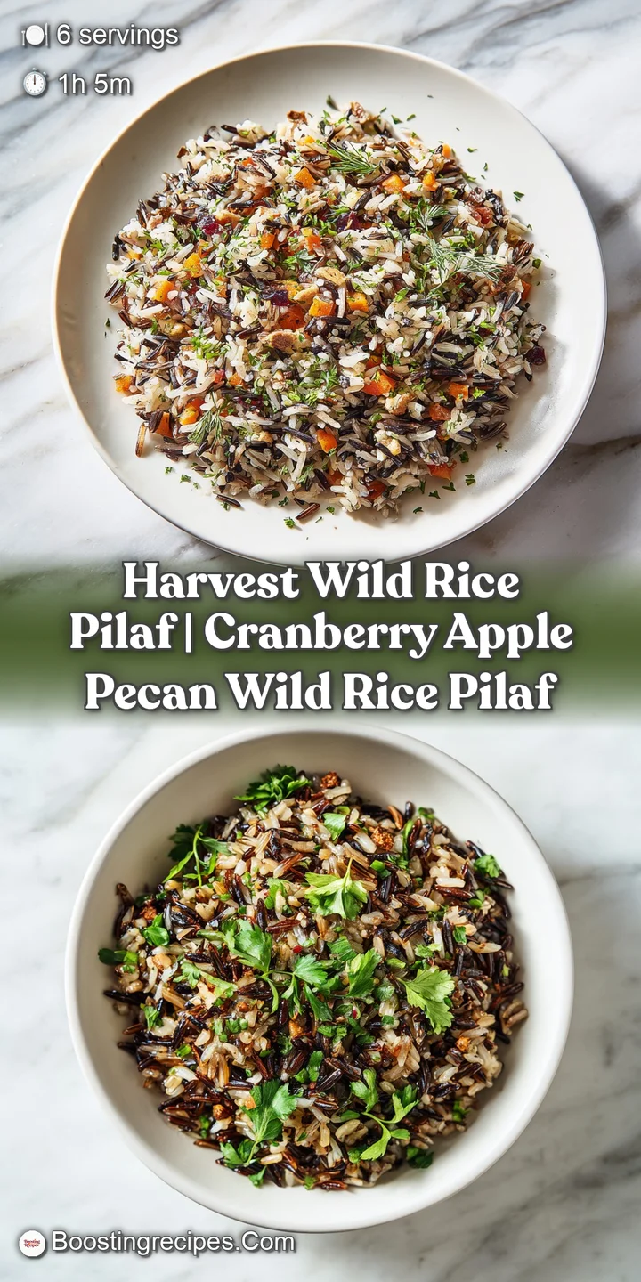 Close-up of fluffy wild rice grains mingled with dark mushrooms and glistening pecan halves, promising rich flavor.