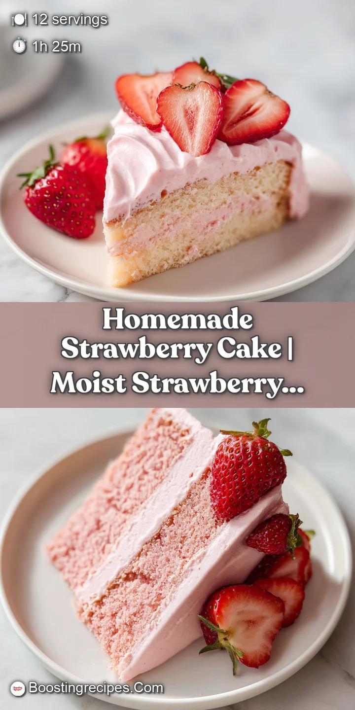Close-up of a moist pink cake crumb and velvety white frosting topped with a glistening, ripe red strawberry slice.