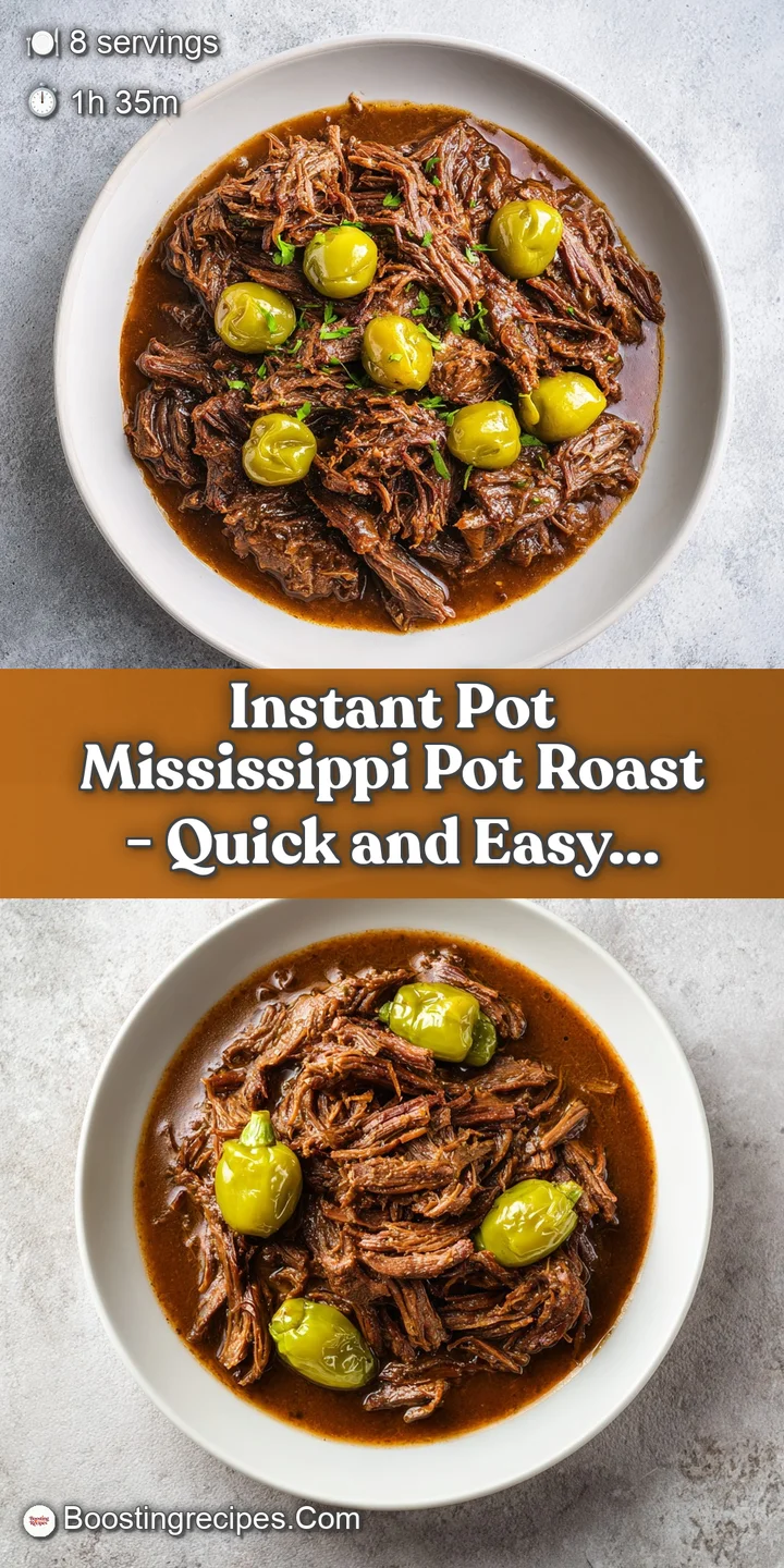Macro shot of tender, succulent beef fibers glistening in a savory brown sauce with zesty pepperoncini slices.
