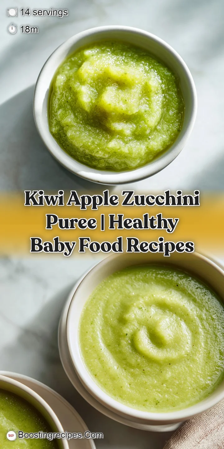 Close-up of smooth, bright green fruit and vegetable puree with tiny seed flecks.