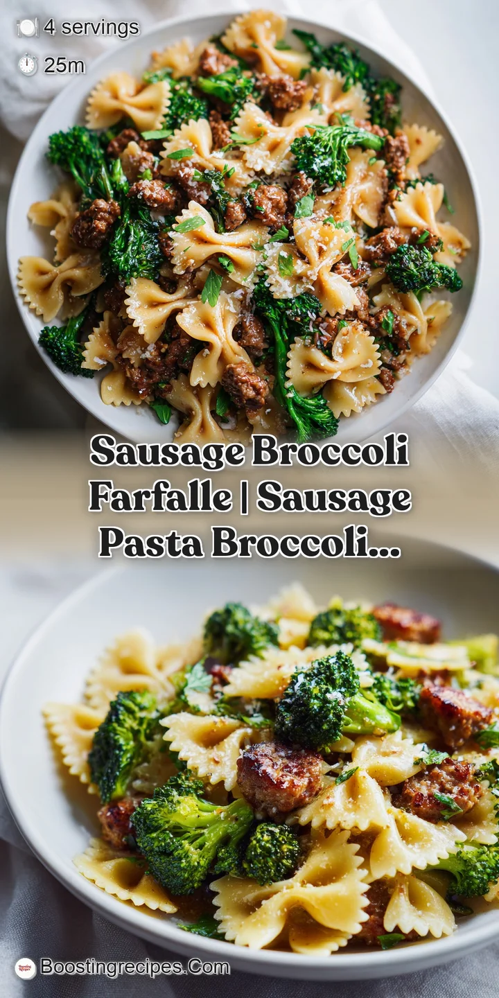 Close-up of al dente farfalle pasta coated in melted cheese, mixed with bright green broccoli and savory sausage pieces.