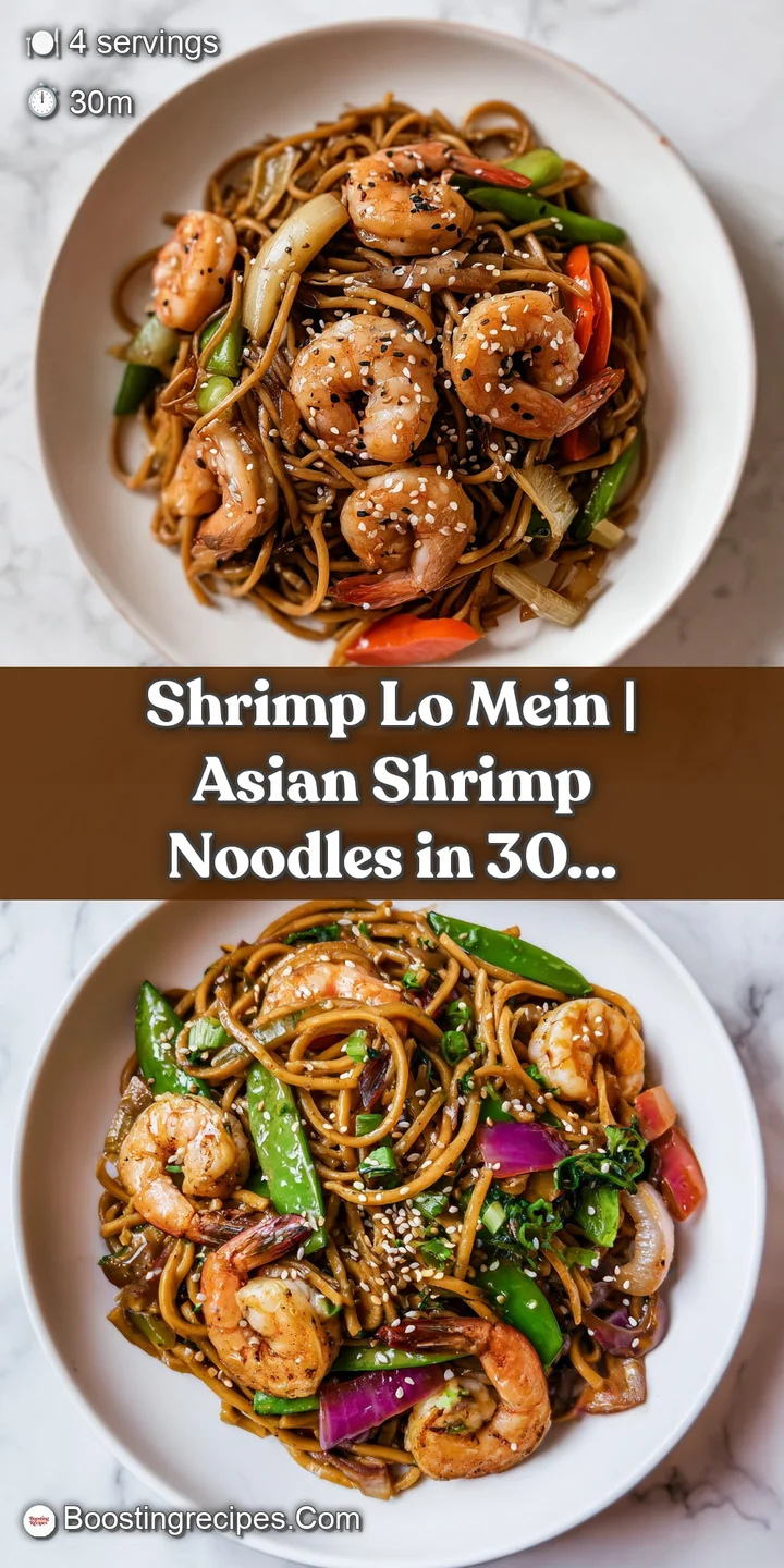 Macro shot of plump pink shrimp and tender noodles coated in a shimmering, dark umami glaze with slivered carrots.