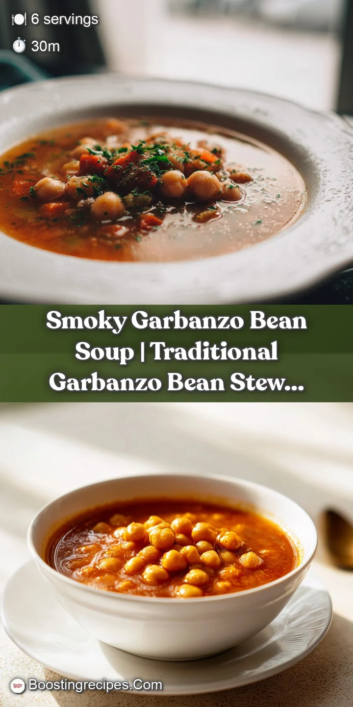 Close-up of plump garbanzo beans in a thick, smoky broth with tender vegetables.