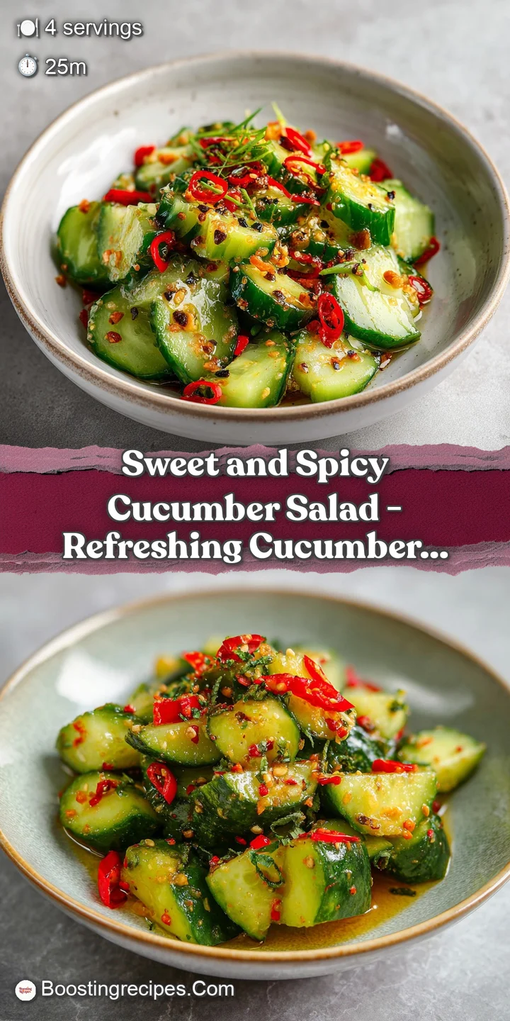 Close-up of refreshing cucumber pieces, glistening with a light dressing, flecked with red chili and green herbs.