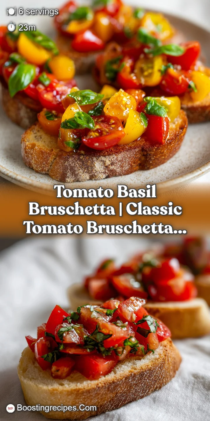 Close-up of ruby-red diced tomatoes and fragrant green basil on crisp, golden-brown bread with a glossy glaze.