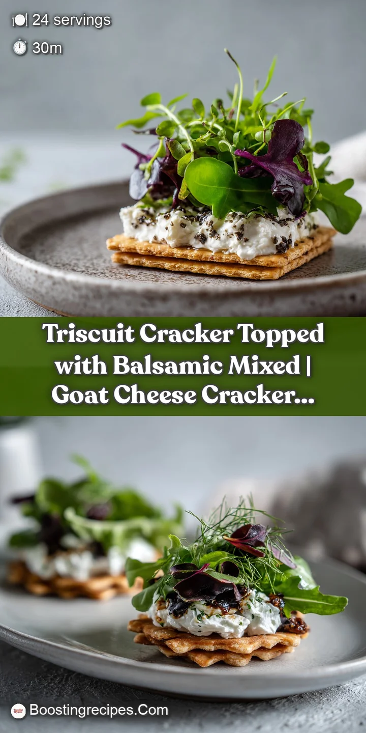 Close-up of a golden-brown Triscuit cracker piled high with glistening balsamic marinated mixed greens.