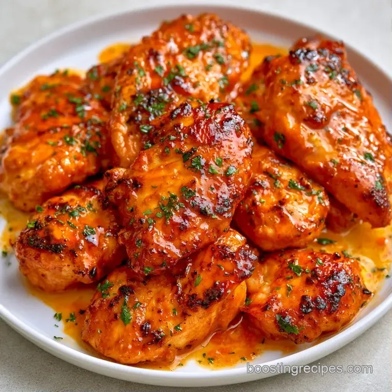 Sliced orange-glazed chicken breasts served on a platter with crisp celery sticks and a bowl of creamy white dip.