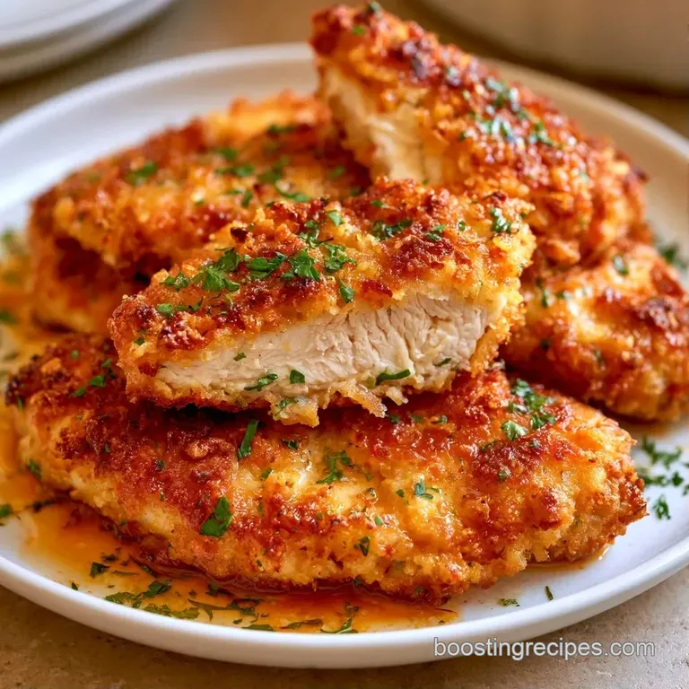 Sliced golden chicken breast on a ceramic plate garnished with fresh parsley and a slice of bright yellow lemon.