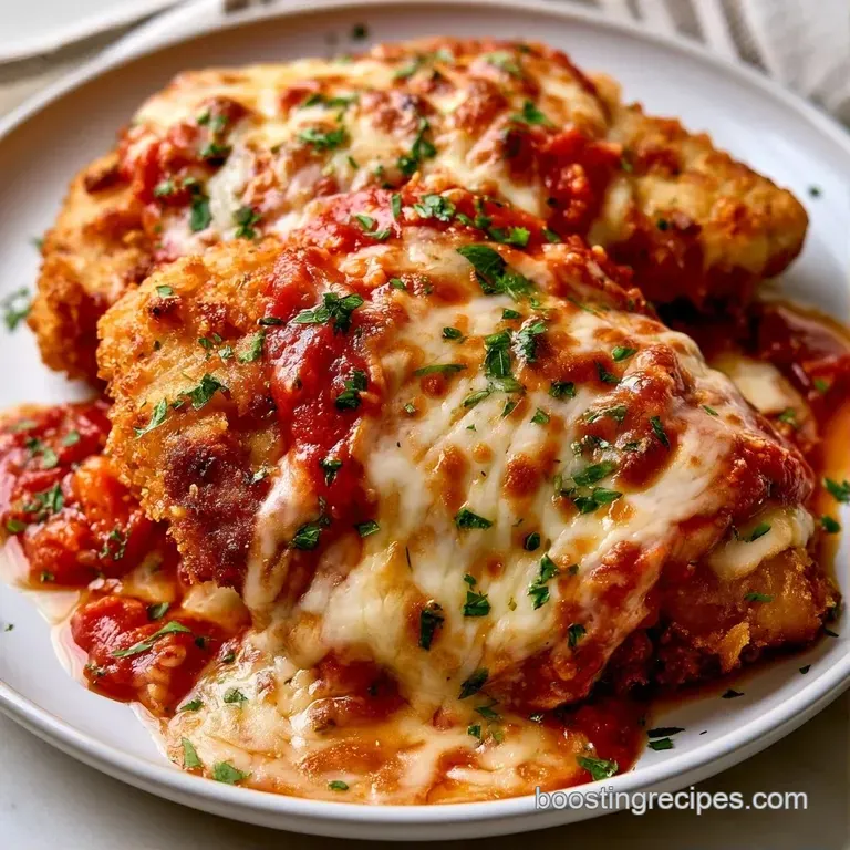Crispy golden chicken topped with bubbly mozzarella and red sauce, served with a sprig of basil on a white plate.