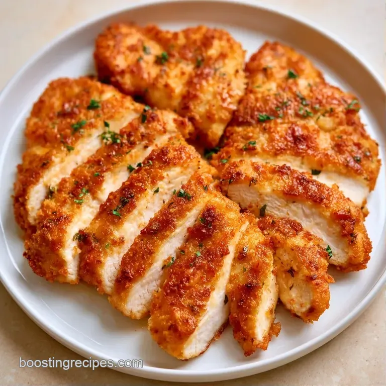 Sliced golden chicken breast arranged on a ceramic platter with a side of creamy honey mustard and steamed greens.