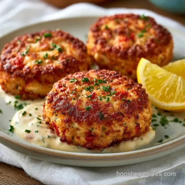 Two crispy, golden seafood patties garnished with microgreens and lemon slices on a sleek white ceramic platter.