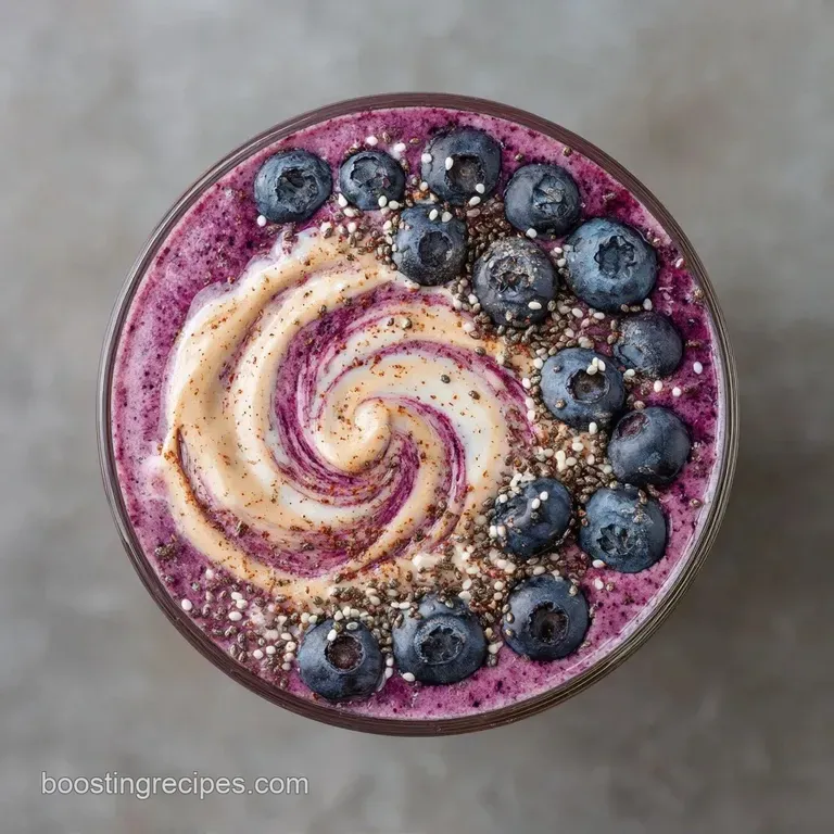 Frothy purple smoothie in a glass jar set on a wooden tray with scattered blueberries and sliced almonds nearby.