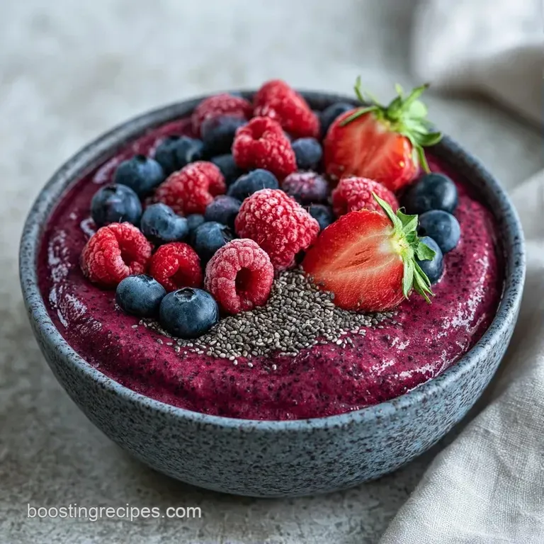 Vibrant purple smoothie in a chilled glass beside a bowl of fresh blueberries and sliced almonds on a white linen.