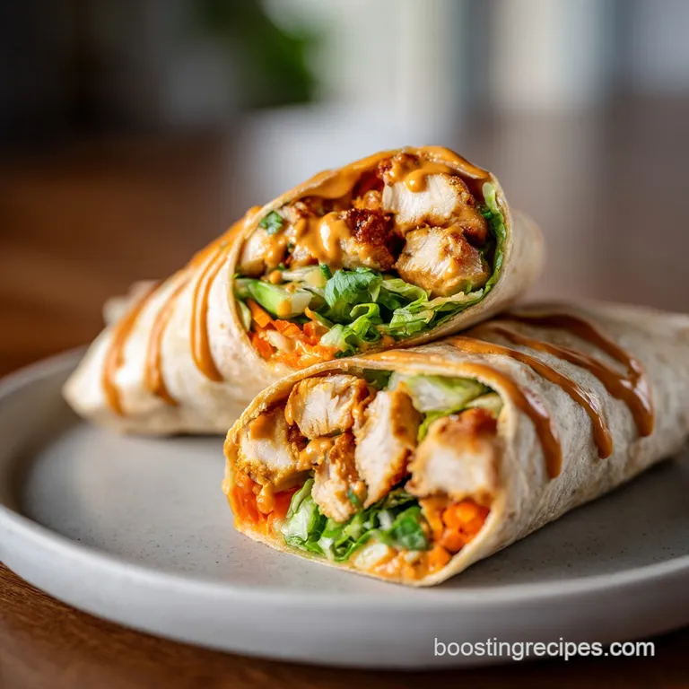 Neatly stacked chicken wraps arranged artfully with fresh cilantro sprigs and a side of dipping sauce.