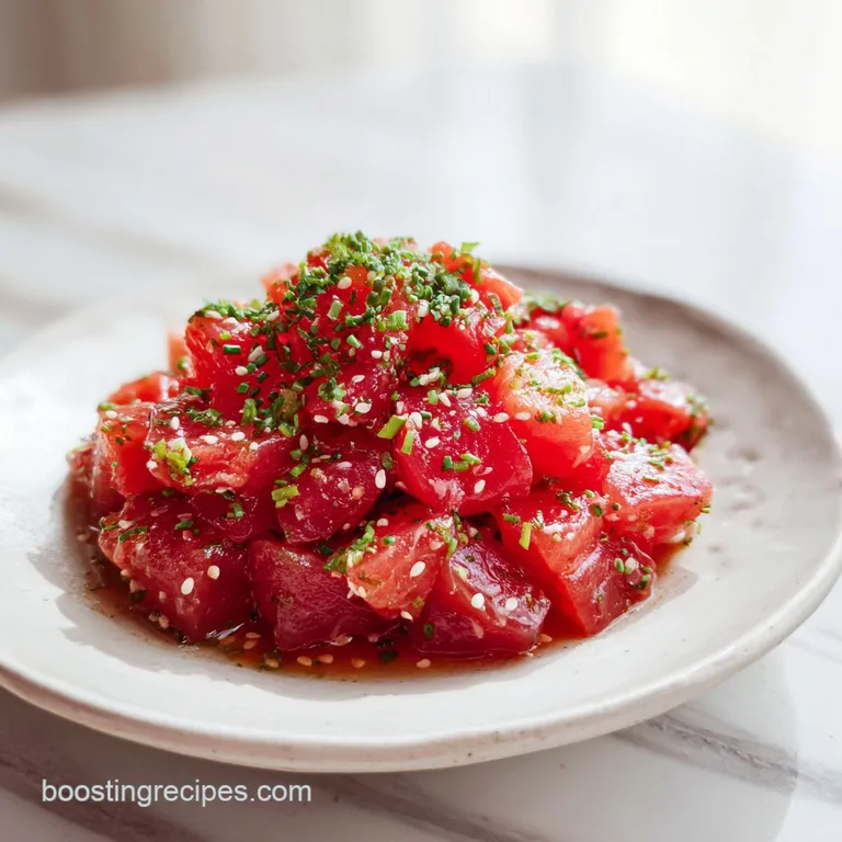 Artfully arranged tuna poke with crisp cucumber ribbons and creamy avocado slices on a dark plate.