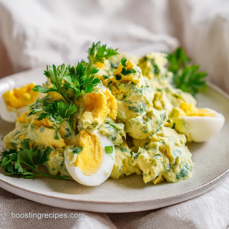A scoop of pale green egg salad topped with a paprika sprinkle, served on a bed of crisp, dark green lettuce.
