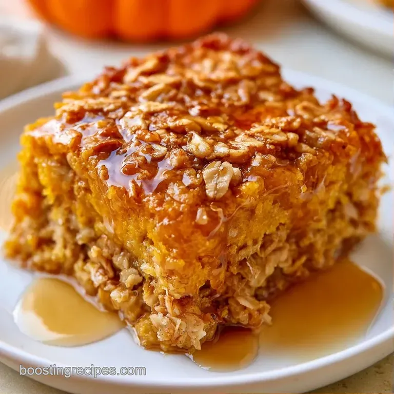 A square slice of spiced orange oats on a ceramic plate, drizzled with maple syrup and topped with toasted pecans.