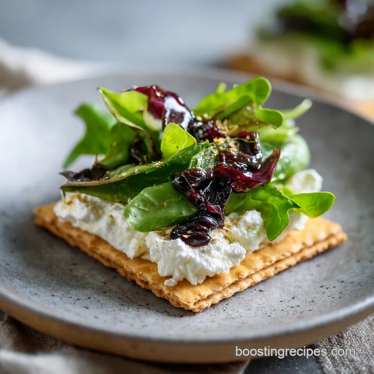 A rustic wooden board showcases small bites: Triscuit crackers adorned with fresh, colorful greens.