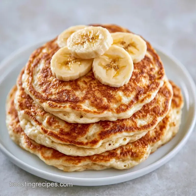 Golden-brown pancakes stacked high on a white ceramic plate, garnished with sliced bananas and fresh mint leaves.