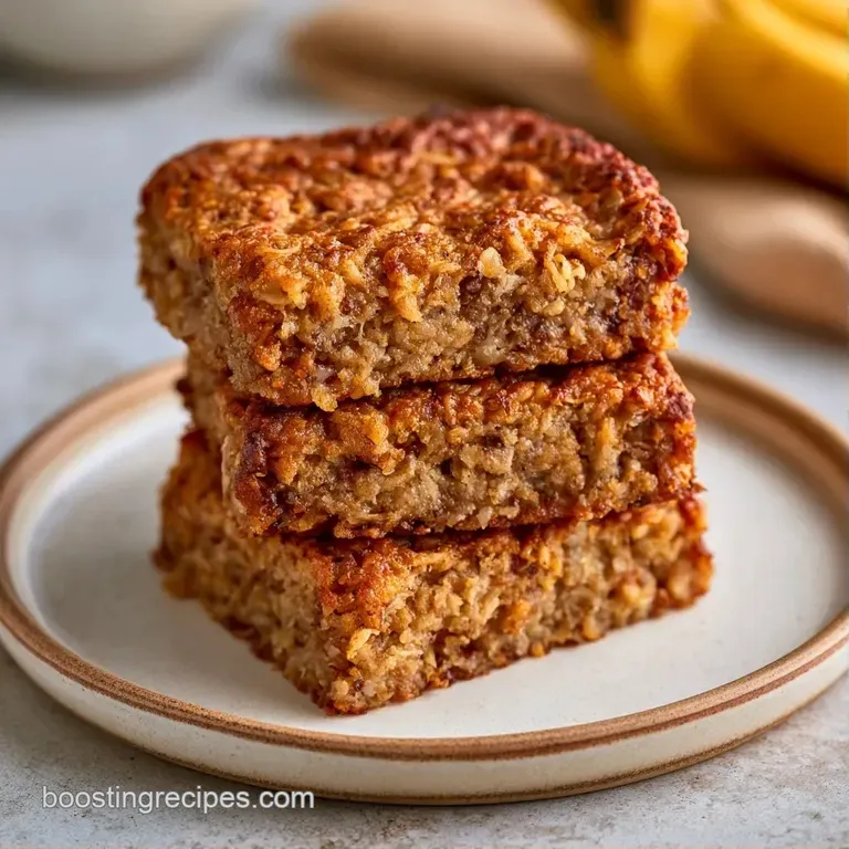 A stack of soft, honey-hued oat squares garnished with sliced fresh bananas and a drizzle of maple syrup.