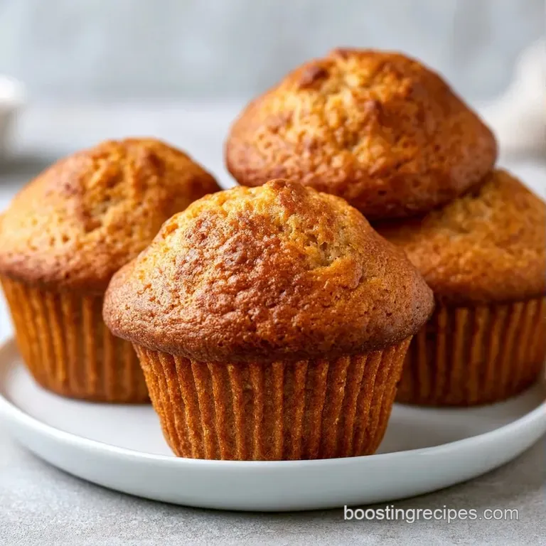 Two fluffy golden muffins on a white ceramic plate with a drizzle of honey and sliced bananas on the side.
