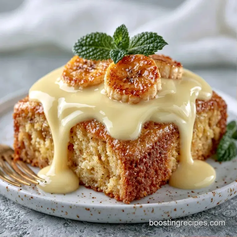 A neat slice of fluffy yellow cake paired with a dollop of cream and a caramel drizzle on a white porcelain plate.