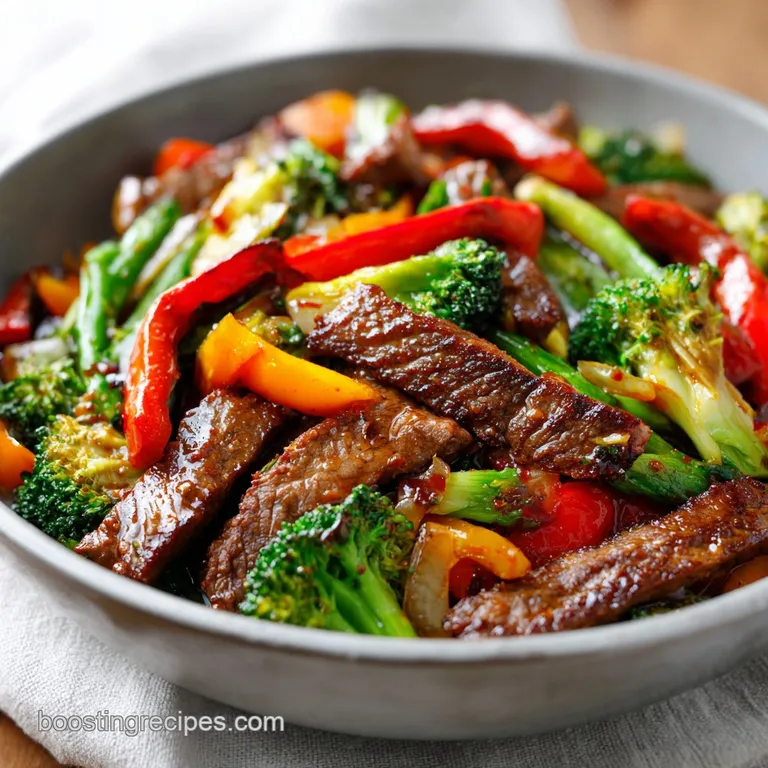Colorful saut&eacute;ed beef and crisp garden vegetables served in a modern bowl with a sprinkle of toasted sesame seeds.