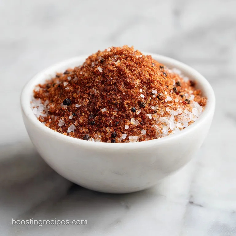 A neat glass jar of textured spice blend sitting beside a raw beef patty on a clean white marble slab.