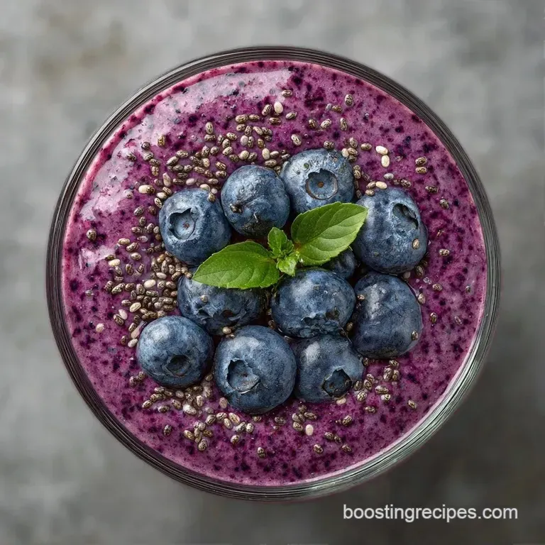 Deep purple blended drink in a glass jar, topped with fresh plump blueberries and a sprinkle of black chia seeds.