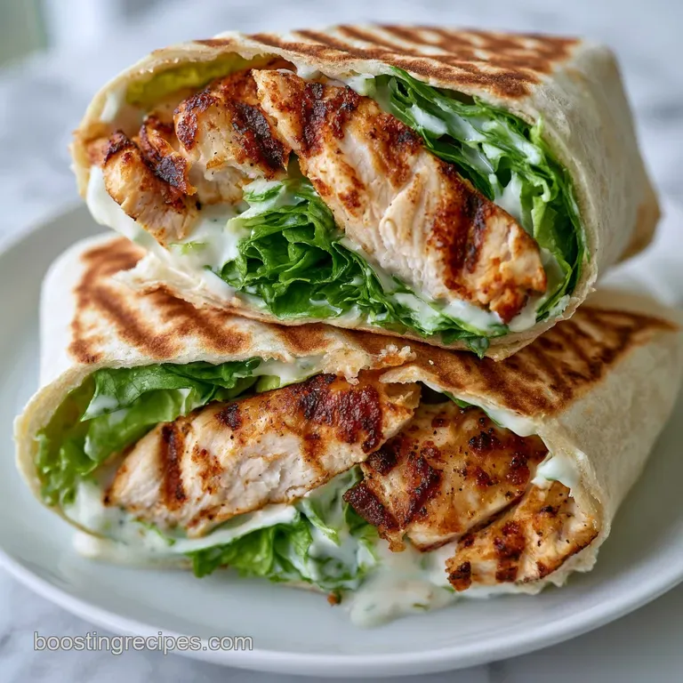Two halves of a creamy wrap on a white plate, paired with a side of crisp greens and a sprinkle of parmesan cheese.