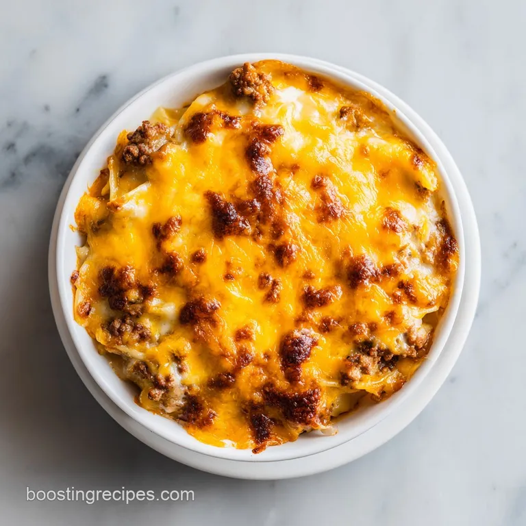 Elegant plating of creamy beef pasta in a ceramic bowl with melted cheese pulls and a garnish of chopped chives.