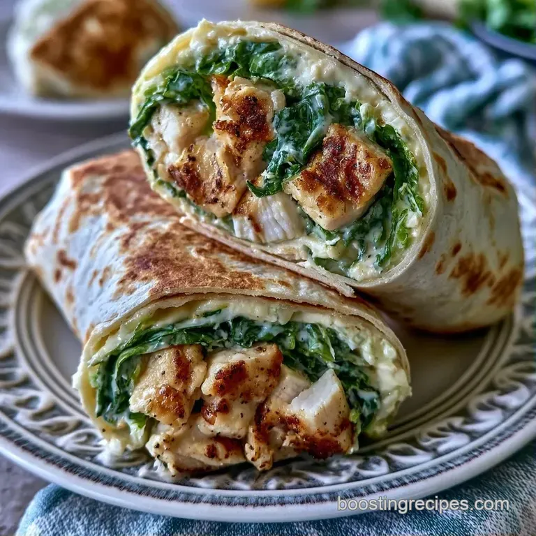 Two diagonally sliced wraps standing upright on a white ceramic plate, showing layers of green lettuce and creamy sauce.