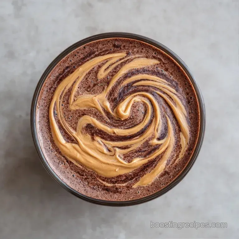 Thick brown shake in a chilled glass on a marble surface, garnished with crunchy peanut bits and a fresh mint leaf.