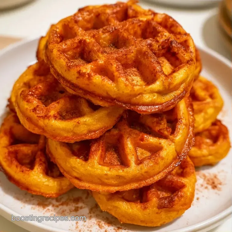A stack of orange-hued waffles on a white ceramic plate, topped with fresh berries and a dusting of cinnamon.