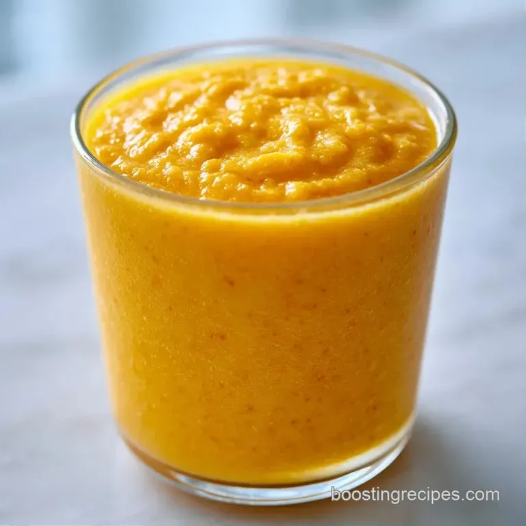 Vibrant yellow drink in a tall glass beside a sliced mango and fresh mint on a bright, white marble surface.