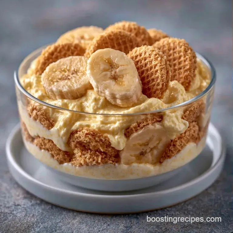 A glass trifle jar showing distinct layers of fluffy white cream, pale yellow custard, and crisp golden wafers.