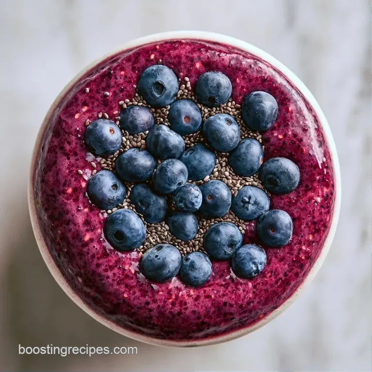 Vibrant indigo smoothie in a tall glass on marble, garnished with a fresh mint leaf and a handful of plump berries.