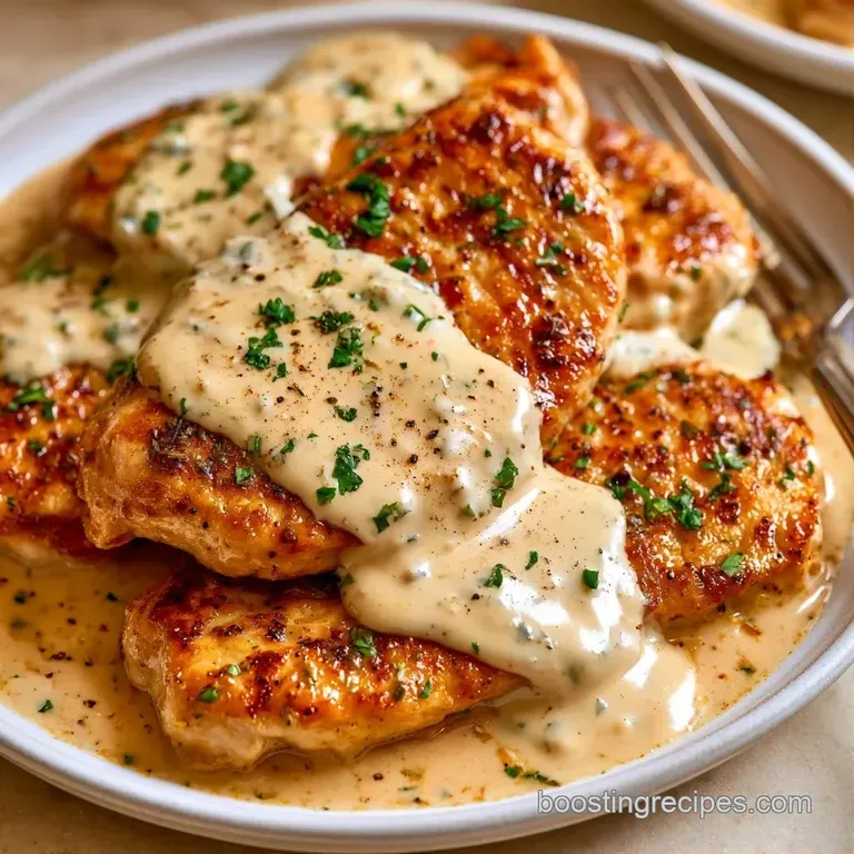 A shallow white bowl of creamy pasta and seared chicken, garnished with fresh parsley and cracked black pepper.