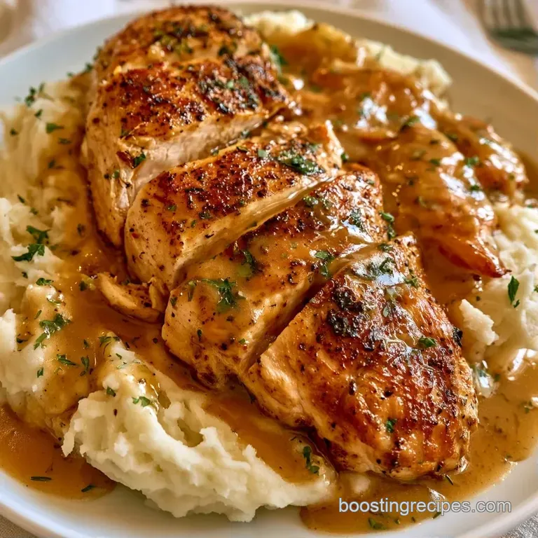 A sleek white plate featuring golden chicken and smooth potato puree drizzled with a rich, glossy brown gravy.