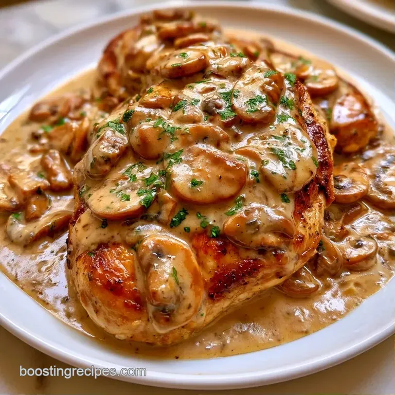 Sliced golden chicken breast drizzled with a silky cream sauce and mushrooms, garnished with fresh green parsley.