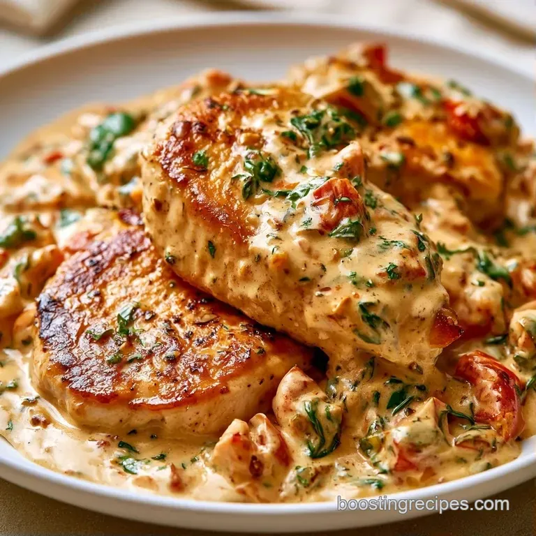 Seared chicken fillets nestled in a rich garlic cream sauce with wilted greens and herbs on a white ceramic plate.