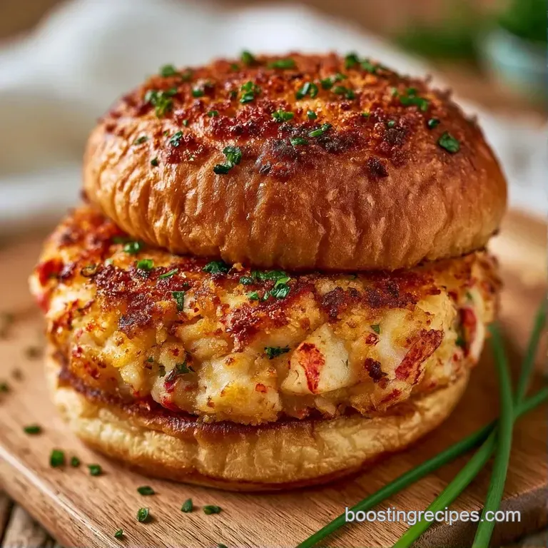 Golden seafood patty on a toasted bun, served with a side of crisp fries and a lemon wedge on a white platter.