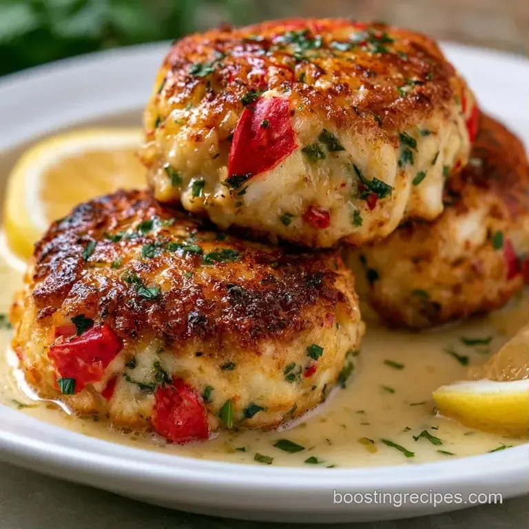 Seared seafood patties atop a vibrant microgreen salad with a swirl of zesty sauce on a white ceramic plate.