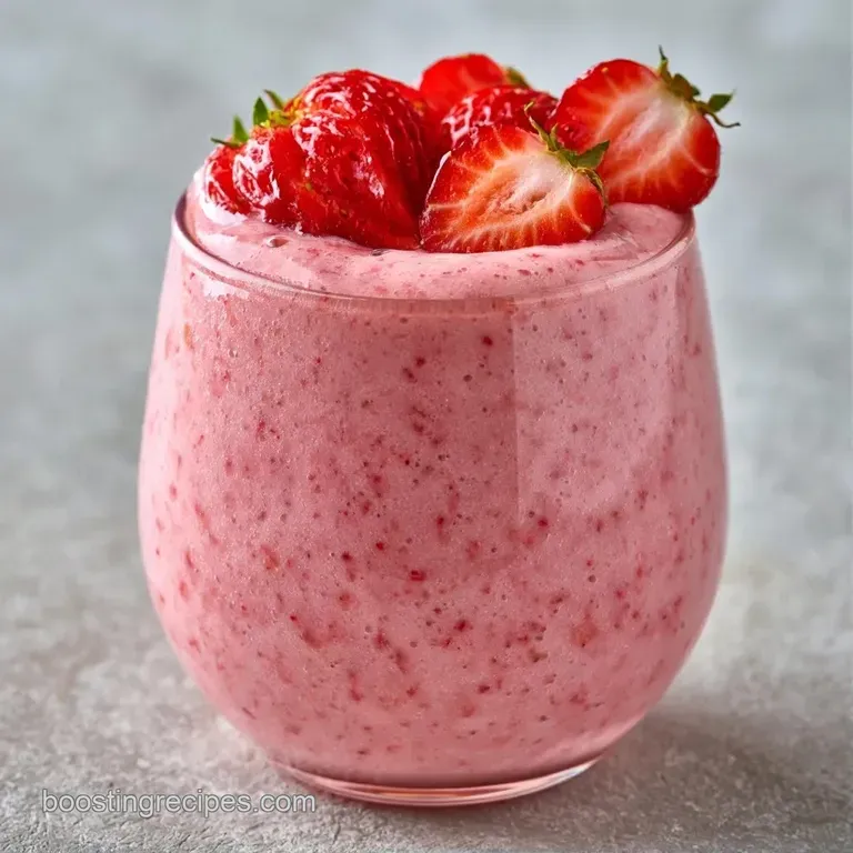 Tall glass of frothy pink puree accented by fresh berries and a straw, set against a bright white background.