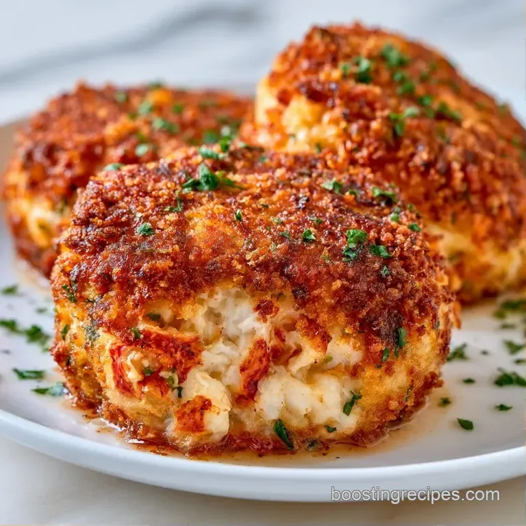 Three golden seafood patties on a white plate, garnished with a dollop of creamy aioli and finely chopped chives.