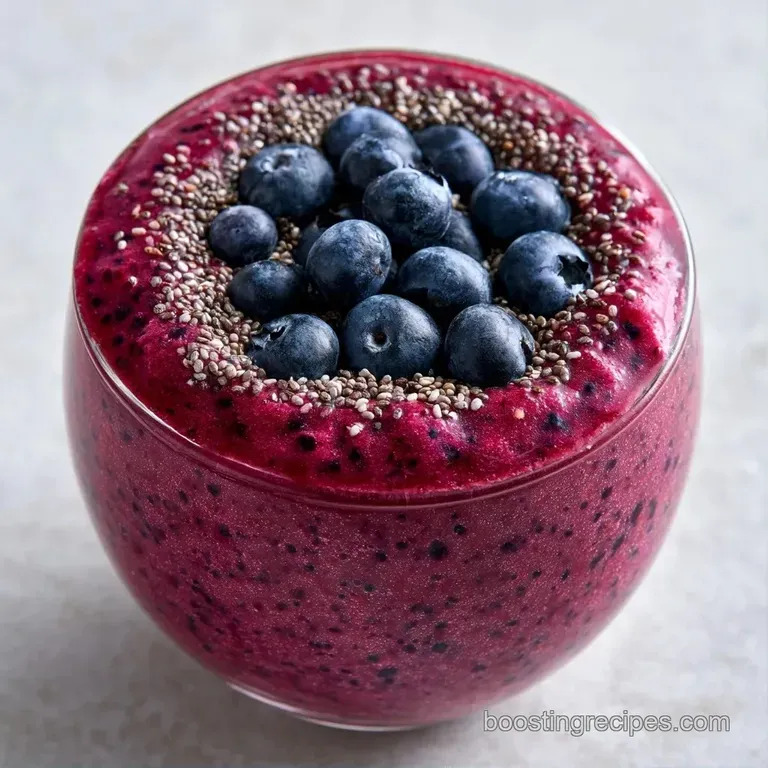 A chilled glass of deep magenta smoothie beside a bowl of mixed berries on a bright white marble countertop.